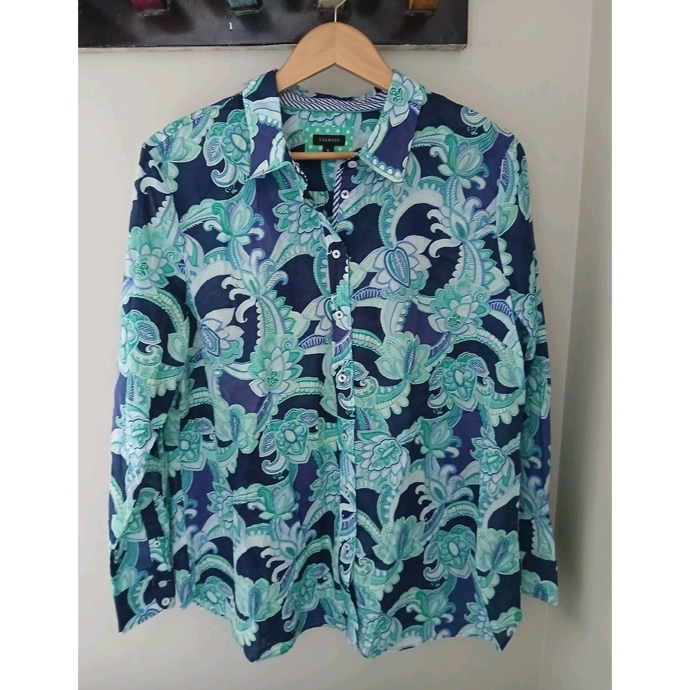 Talbots Cotton Button Front Blouse Size XL Floral Lightweight Work Casual Preppy